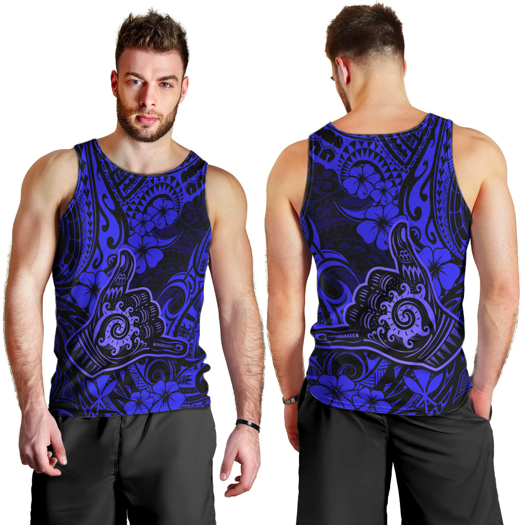 Hawaii Shaka Sign Men Tank Top With Polynesian Hibiscus Navy Blue Unique - Wonder Print Shop