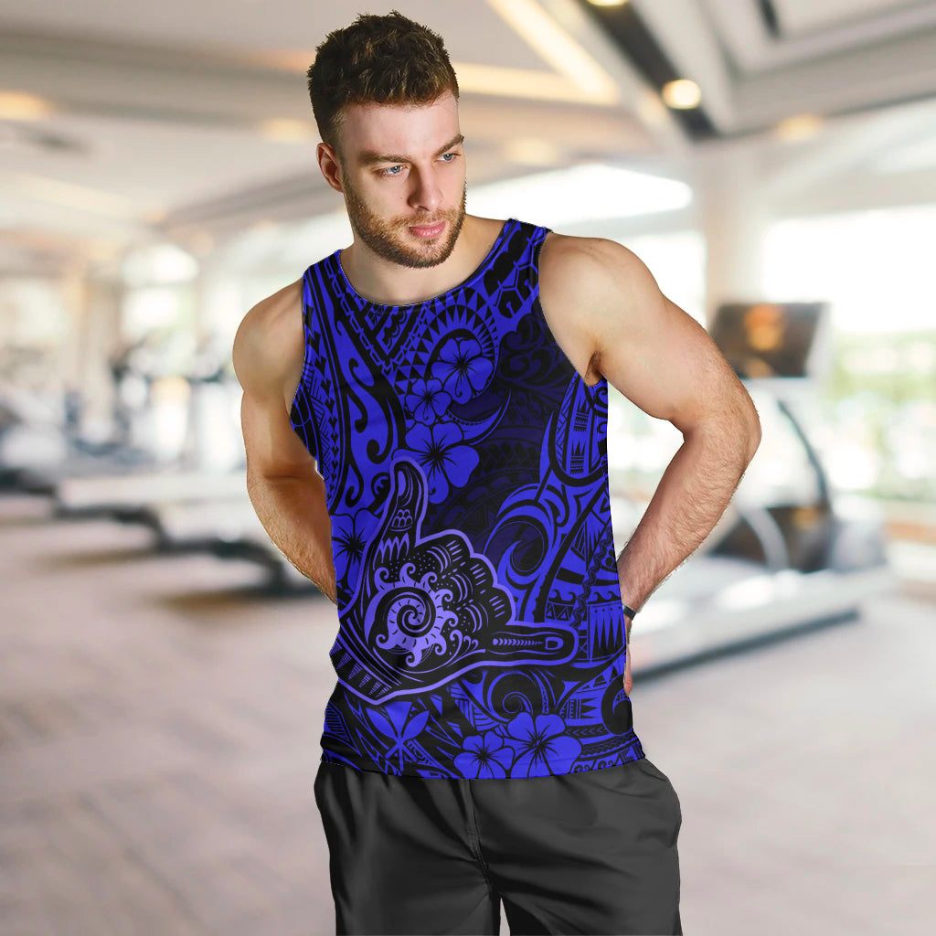 Hawaii Shaka Sign Men Tank Top With Polynesian Hibiscus Navy Blue Unique - Wonder Print Shop