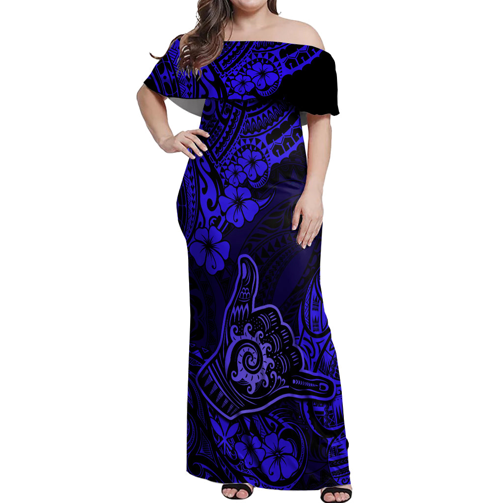 Hawaii Shaka Sign Off Shoulder Maxi Dress With Polynesian Hibiscus Navy Blue Unique - Wonder Print Shop