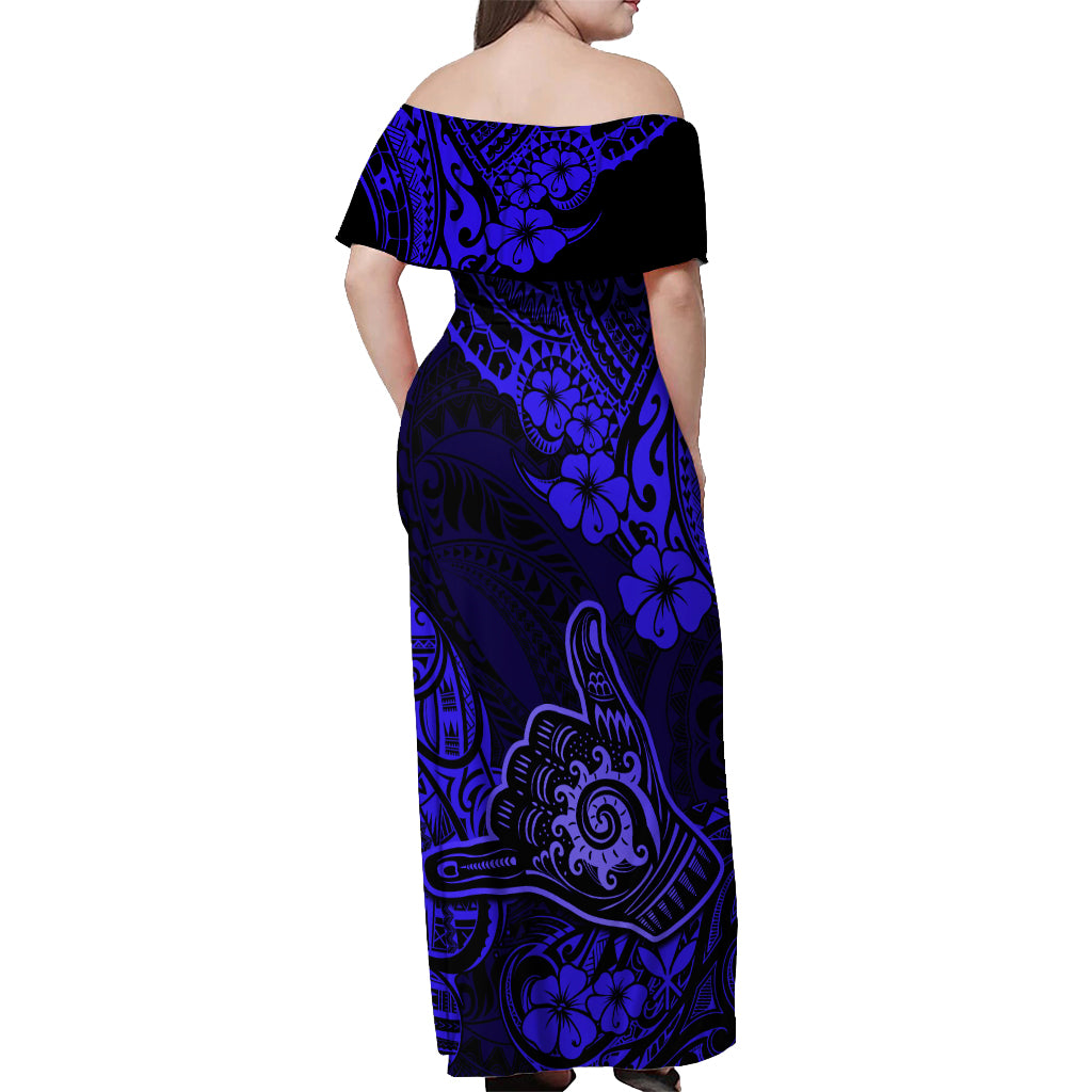 Hawaii Shaka Sign Off Shoulder Maxi Dress With Polynesian Hibiscus Navy Blue Unique - Wonder Print Shop