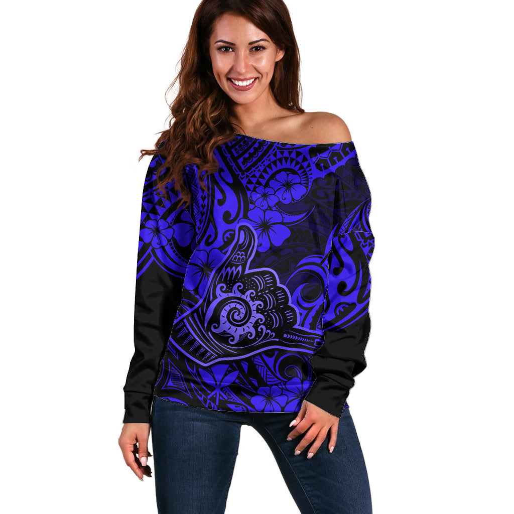 Hawaii Shaka Sign Off Shoulder Sweater With Polynesian Hibiscus Navy Blue Unique - Wonder Print Shop