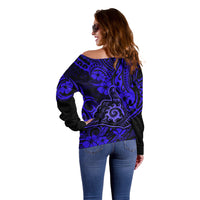 Hawaii Shaka Sign Off Shoulder Sweater With Polynesian Hibiscus Navy Blue Unique - Wonder Print Shop