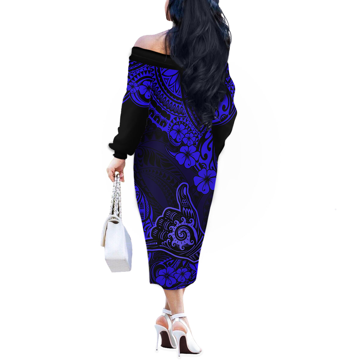 Hawaii Shaka Sign Off The Shoulder Long Sleeve Dress With Polynesian Hibiscus Navy Blue Unique - Wonder Print Shop