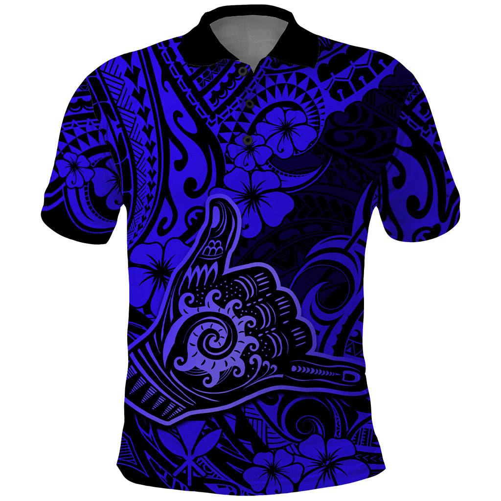 Hawaii Shaka Sign Polo Shirt With Polynesian Hibiscus Navy Blue Unique - Wonder Print Shop