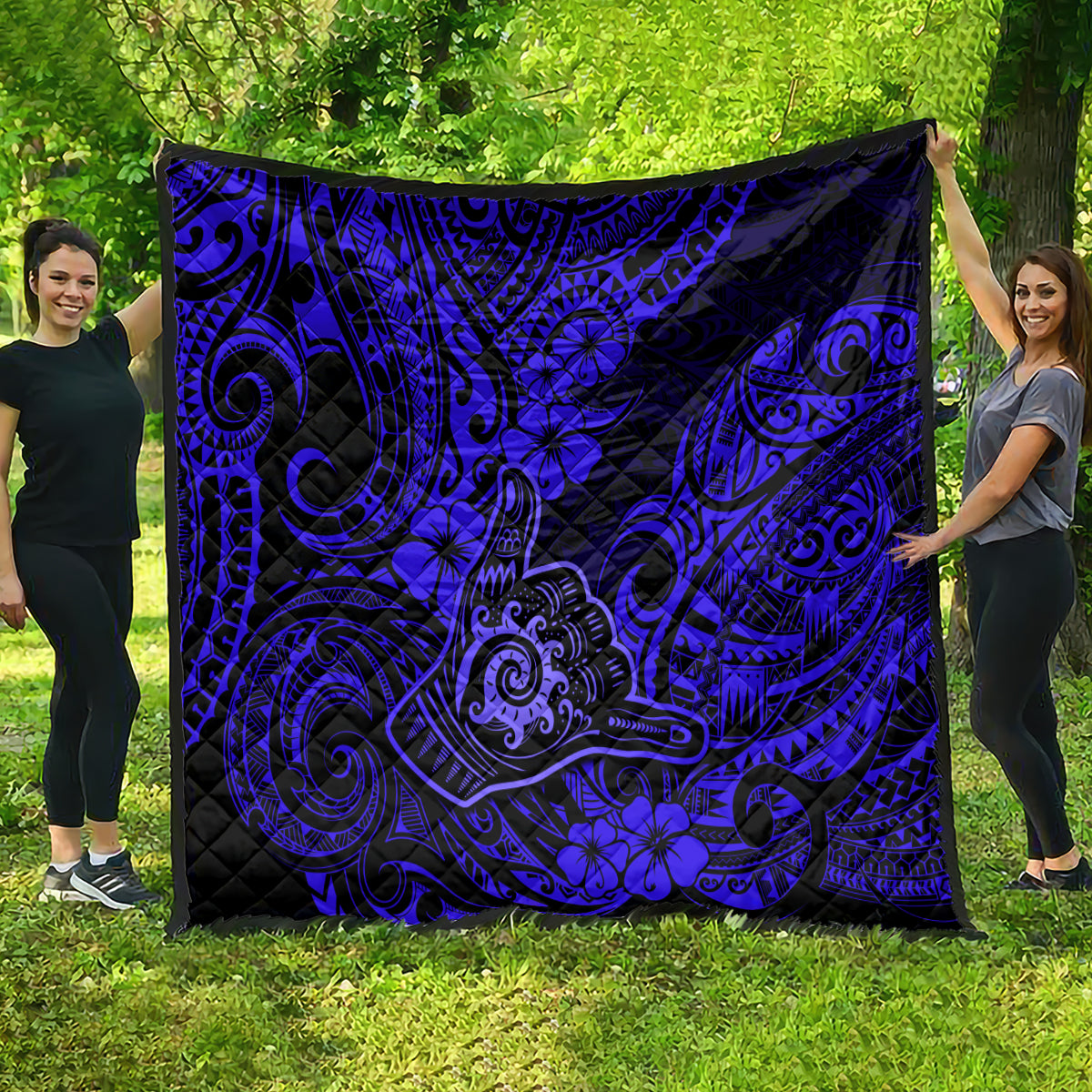 Hawaii Shaka Sign Quilt With Polynesian Hibiscus Navy Blue Unique - Wonder Print Shop