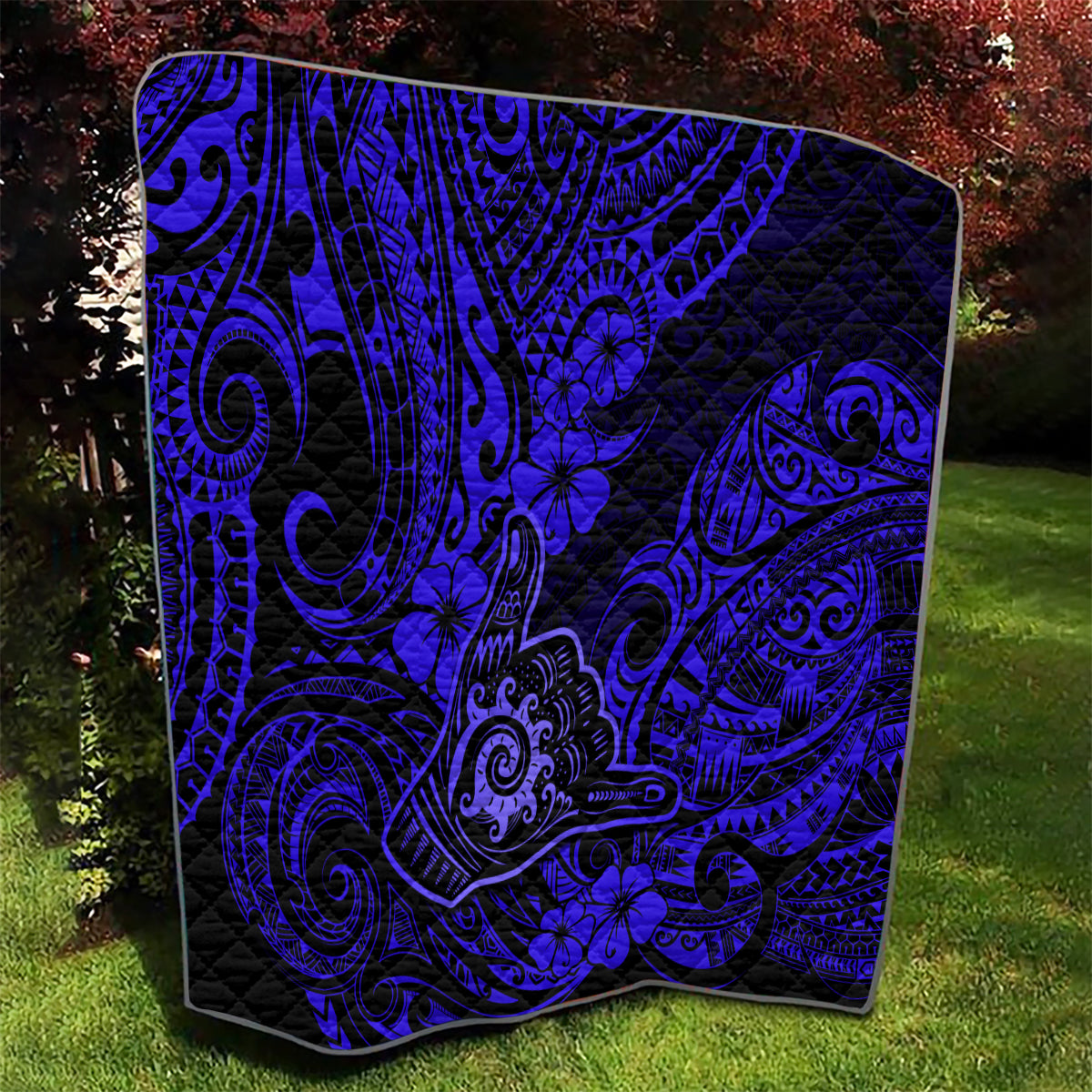 Hawaii Shaka Sign Quilt With Polynesian Hibiscus Navy Blue Unique - Wonder Print Shop