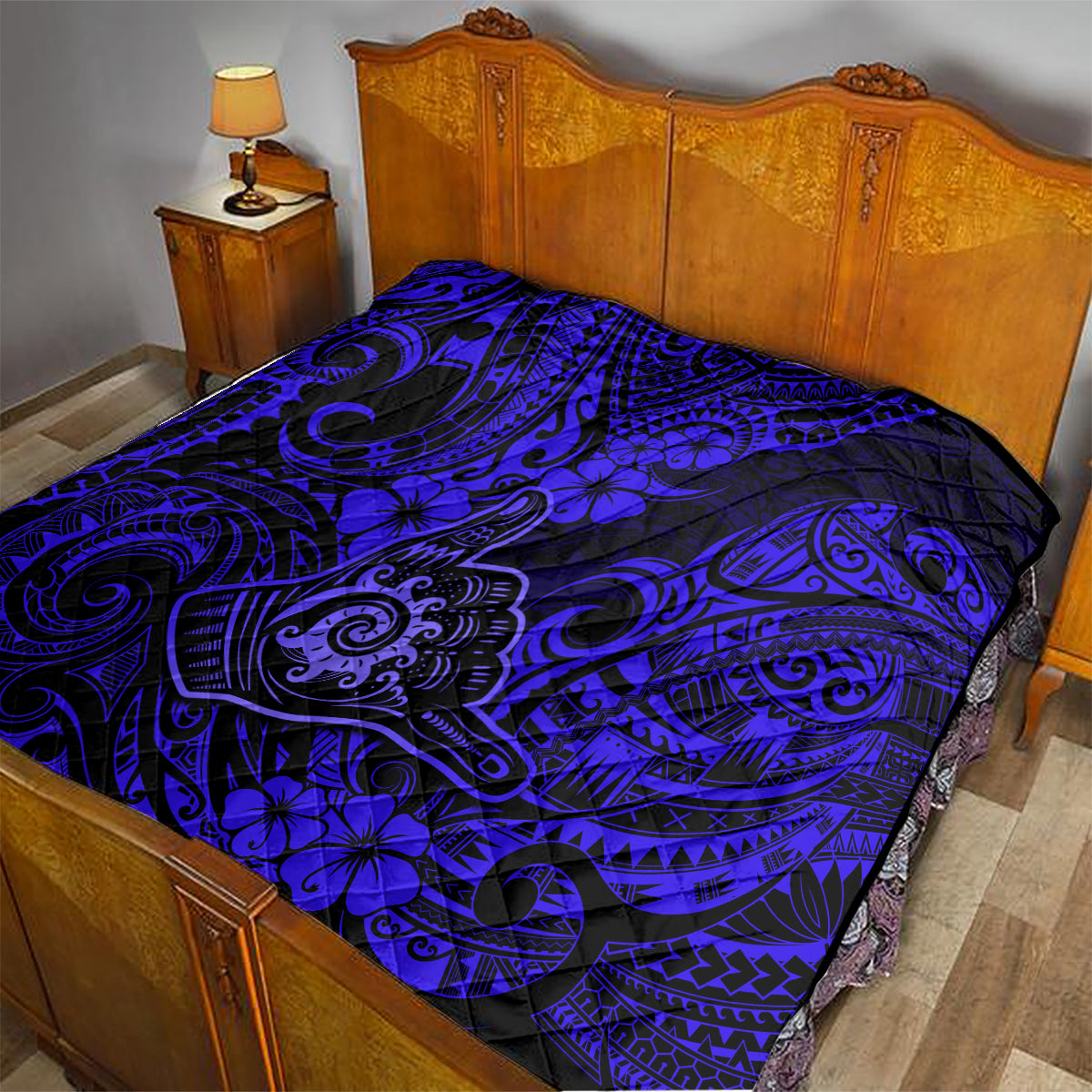 Hawaii Shaka Sign Quilt With Polynesian Hibiscus Navy Blue Unique - Wonder Print Shop