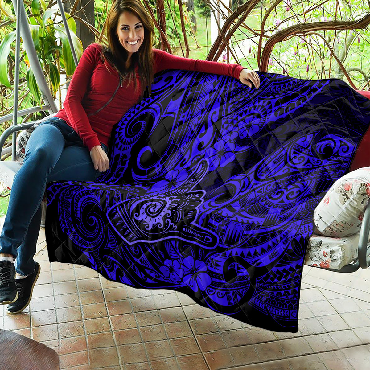 Hawaii Shaka Sign Quilt With Polynesian Hibiscus Navy Blue Unique - Wonder Print Shop