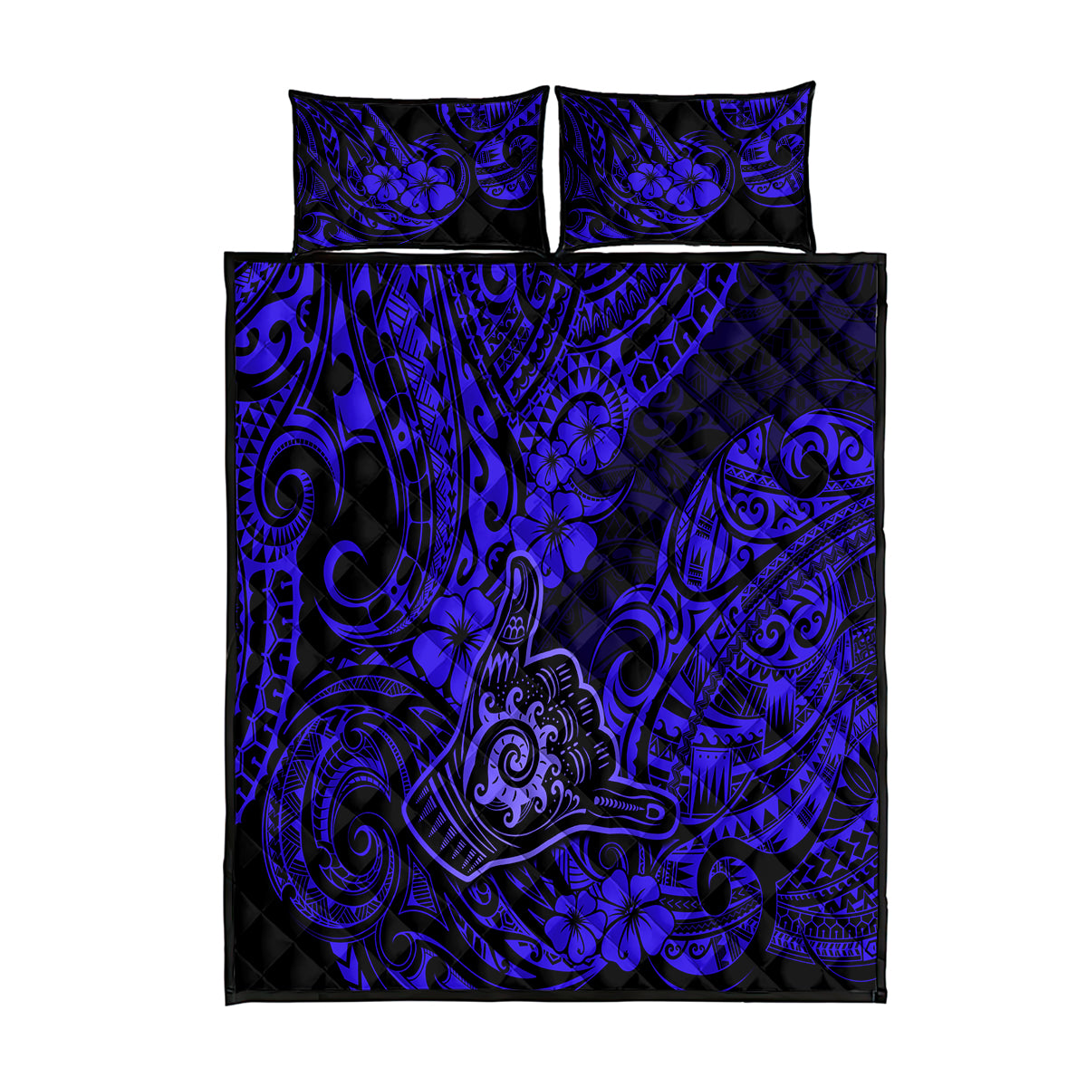 Hawaii Shaka Sign Quilt Bed Set With Polynesian Hibiscus Navy Blue Unique - Wonder Print Shop