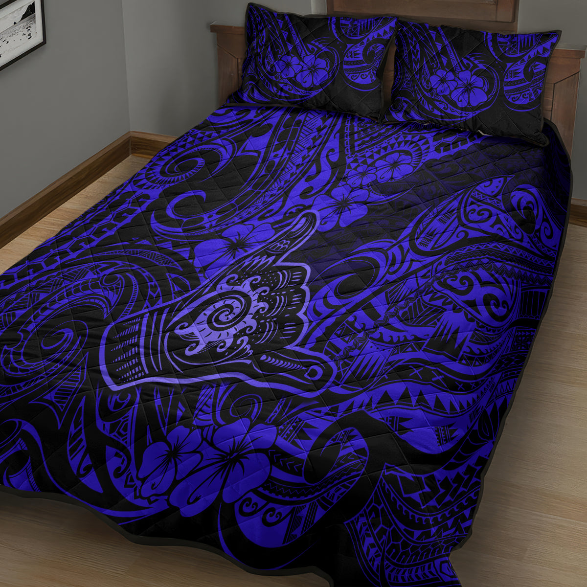 Hawaii Shaka Sign Quilt Bed Set With Polynesian Hibiscus Navy Blue Unique - Wonder Print Shop