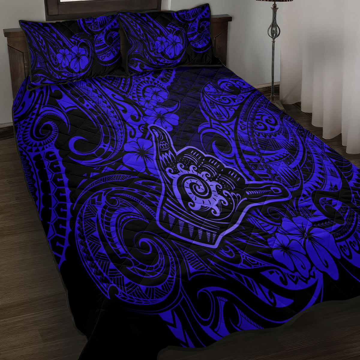 Hawaii Shaka Sign Quilt Bed Set With Polynesian Hibiscus Navy Blue Unique - Wonder Print Shop