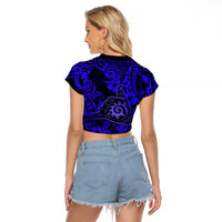 Hawaii Shaka Sign Raglan Cropped T Shirt With Polynesian Hibiscus Navy Blue Unique - Wonder Print Shop