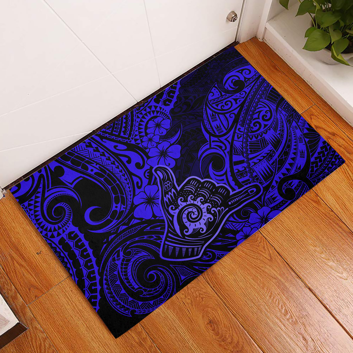 Hawaii Shaka Sign Rubber Doormat With Polynesian Hibiscus Navy Blue Unique - Wonder Print Shop