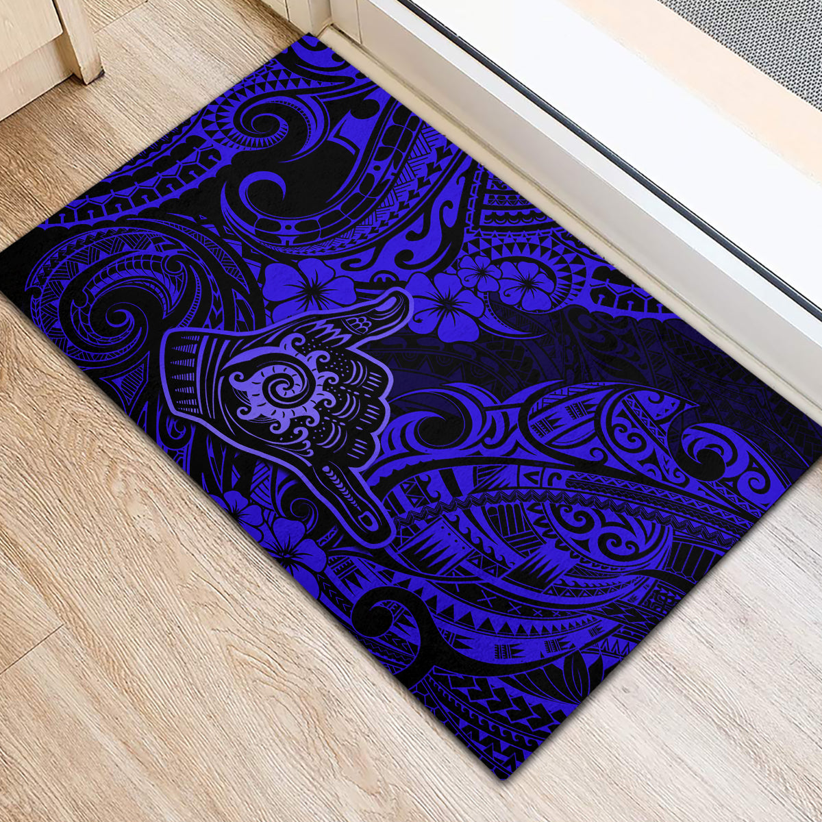 Hawaii Shaka Sign Rubber Doormat With Polynesian Hibiscus Navy Blue Unique - Wonder Print Shop