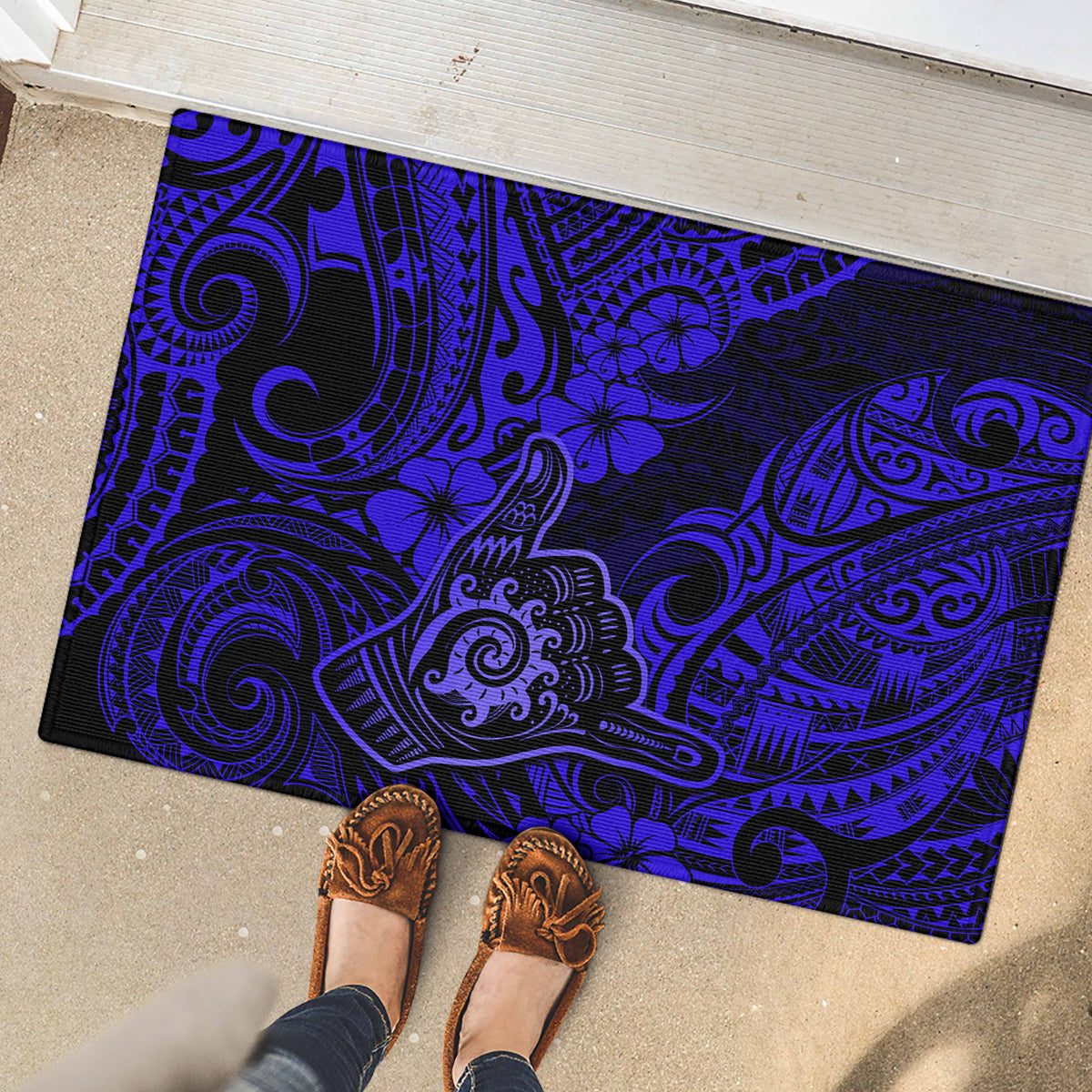 Hawaii Shaka Sign Rubber Doormat With Polynesian Hibiscus Navy Blue Unique - Wonder Print Shop