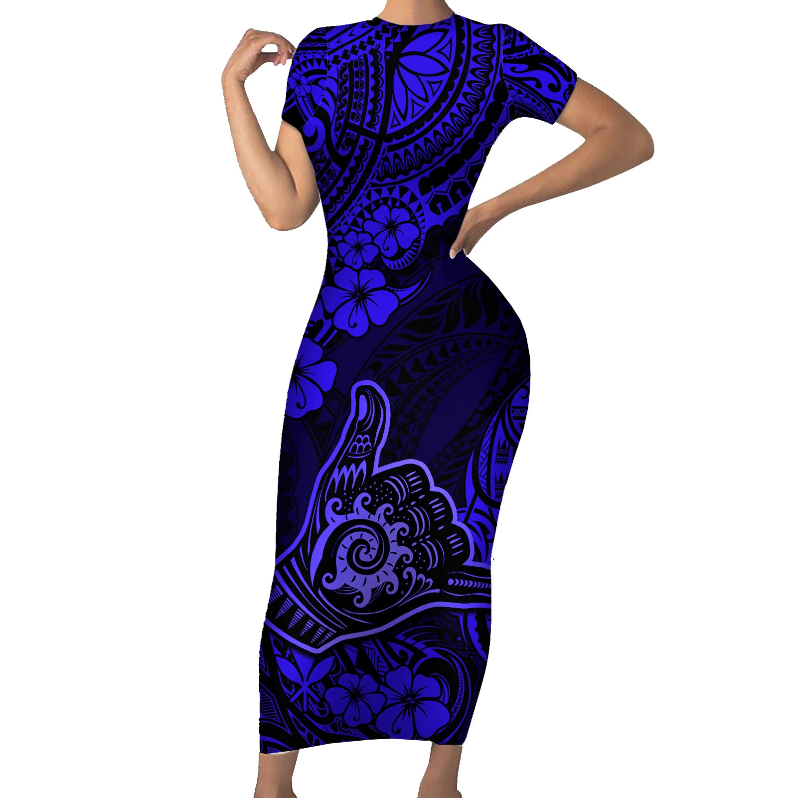 Hawaii Shaka Sign Short Sleeve Bodycon Dress With Polynesian Hibiscus Navy Blue Unique - Wonder Print Shop