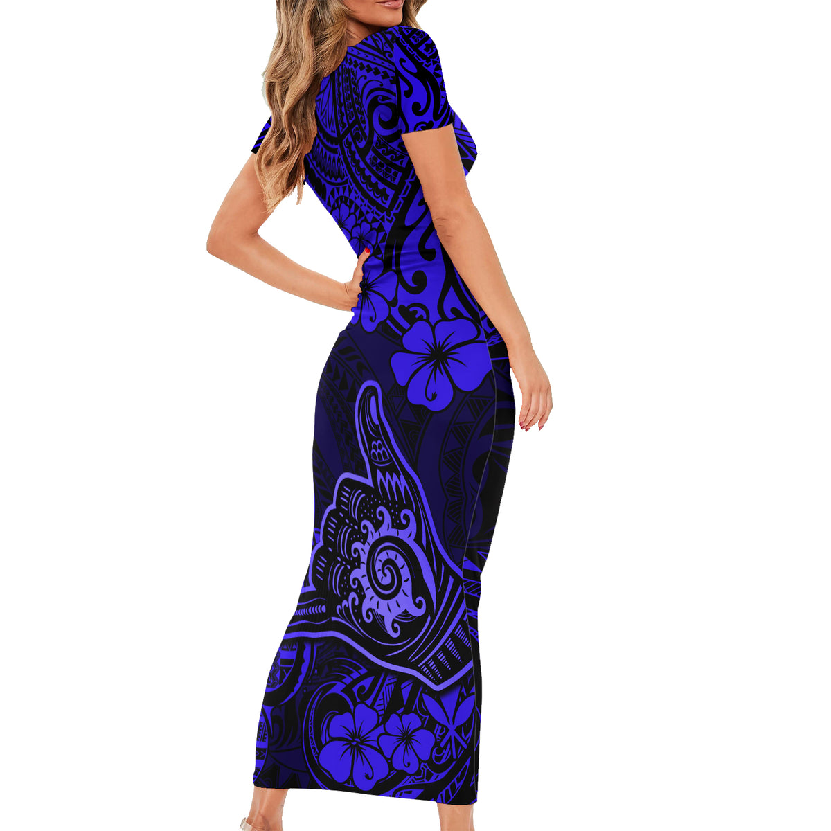 Hawaii Shaka Sign Short Sleeve Bodycon Dress With Polynesian Hibiscus Navy Blue Unique - Wonder Print Shop