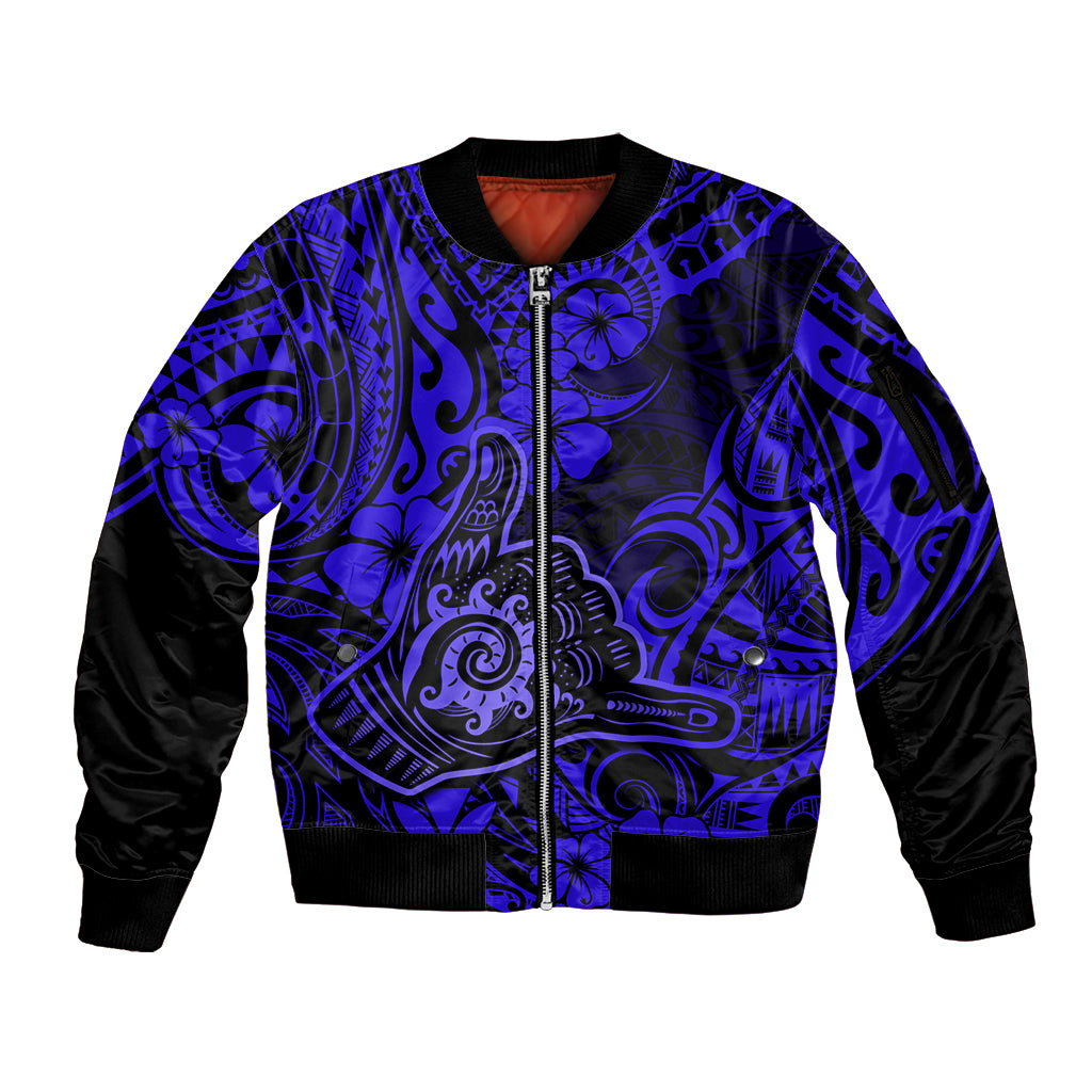 Hawaii Shaka Sign Sleeve Zip Bomber Jacket With Polynesian Hibiscus Navy Blue Unique - Wonder Print Shop