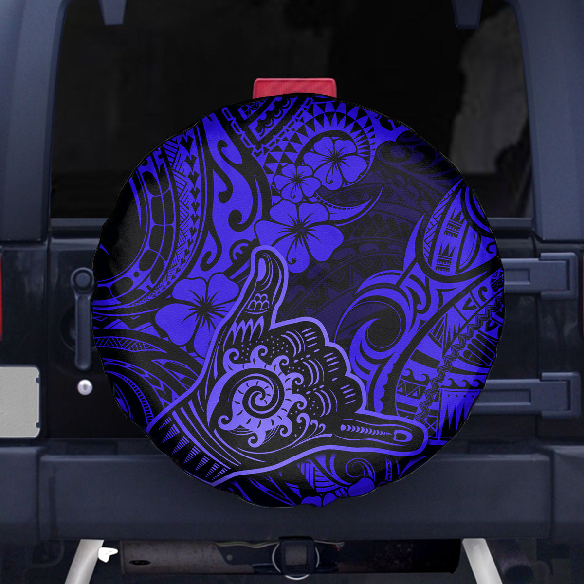 Hawaii Shaka Sign Spare Tire Cover With Polynesian Hibiscus Navy Blue Unique - Wonder Print Shop