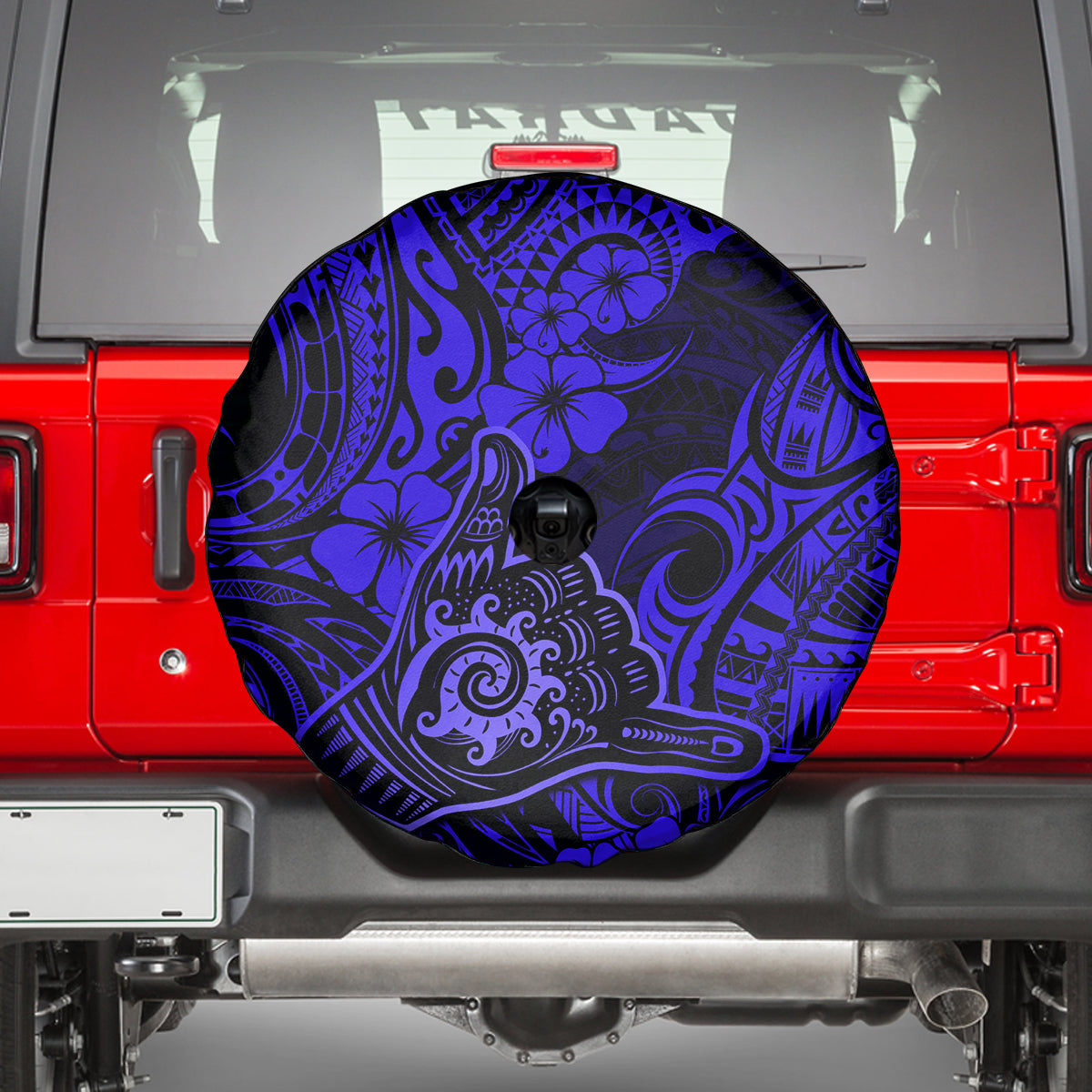 Hawaii Shaka Sign Spare Tire Cover With Polynesian Hibiscus Navy Blue Unique - Wonder Print Shop