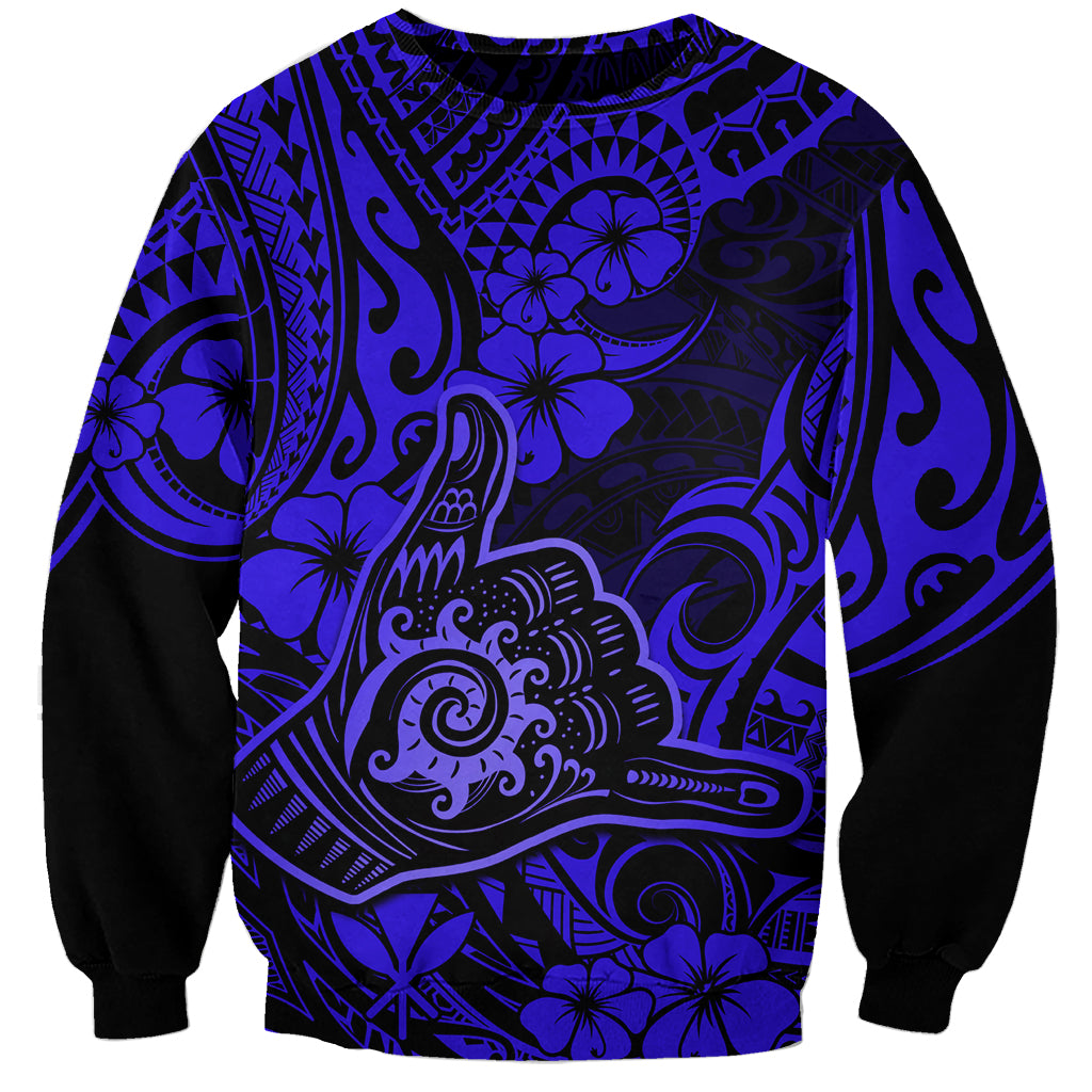 Hawaii Shaka Sign Sweatshirt With Polynesian Hibiscus Navy Blue Unique - Wonder Print Shop