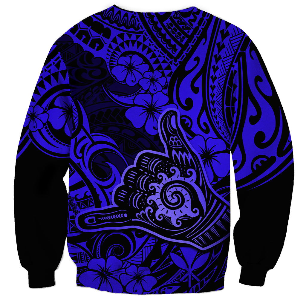 Hawaii Shaka Sign Sweatshirt With Polynesian Hibiscus Navy Blue Unique - Wonder Print Shop
