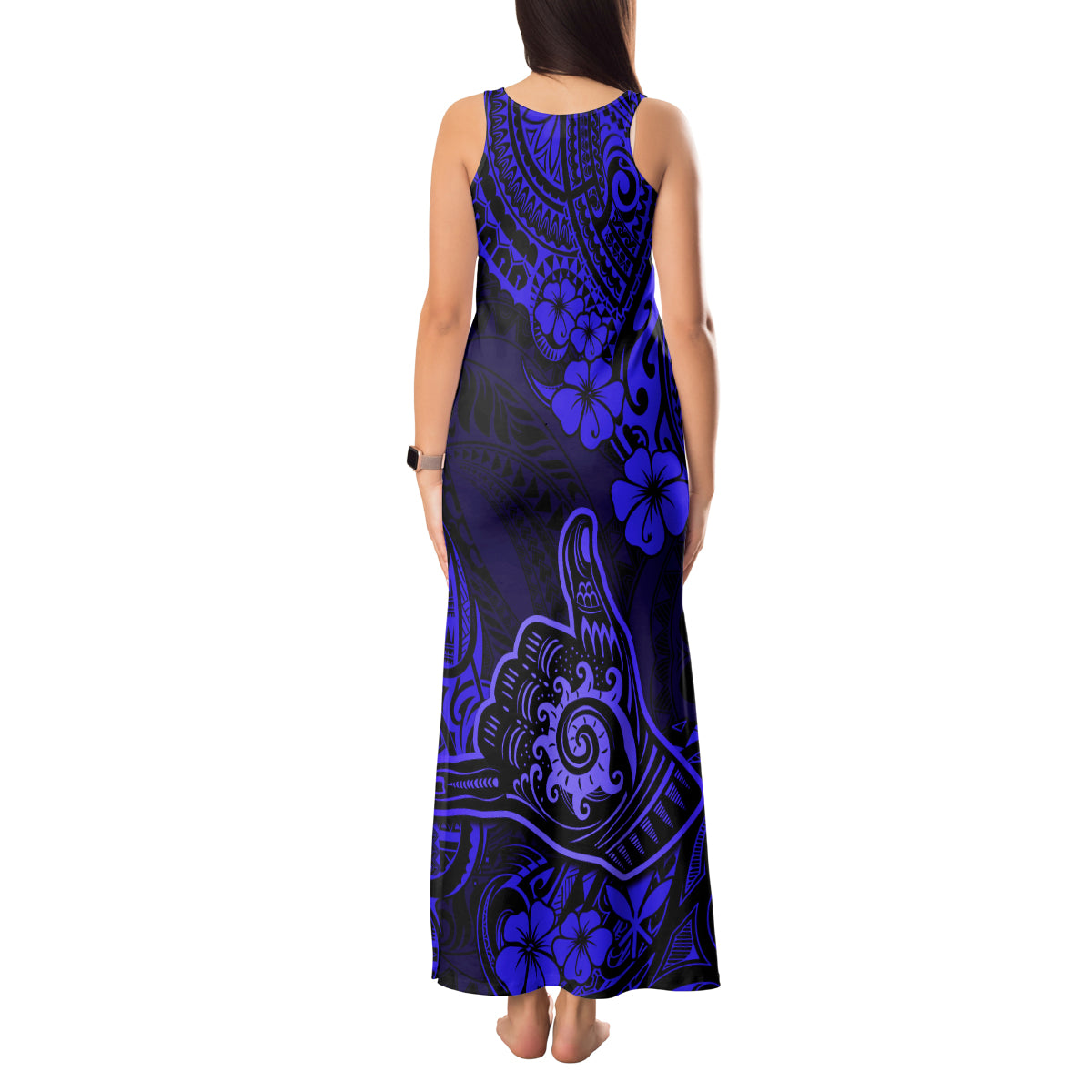 Hawaii Shaka Sign Tank Maxi Dress With Polynesian Hibiscus Navy Blue Unique - Wonder Print Shop