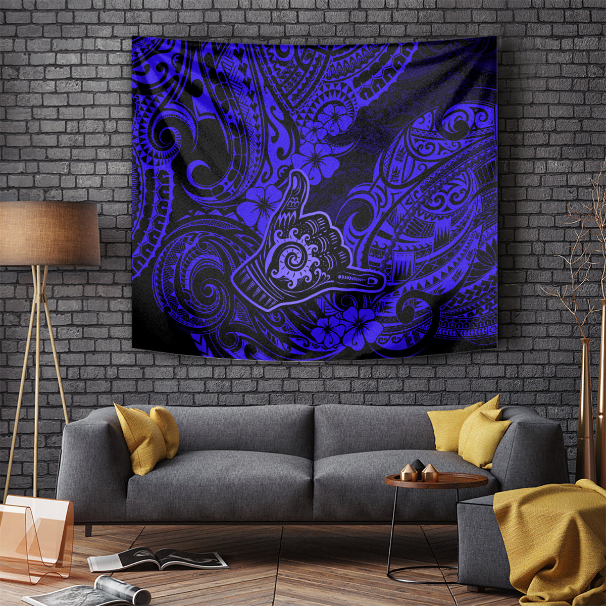 Hawaii Shaka Sign Tapestry With Polynesian Hibiscus Navy Blue Unique - Wonder Print Shop