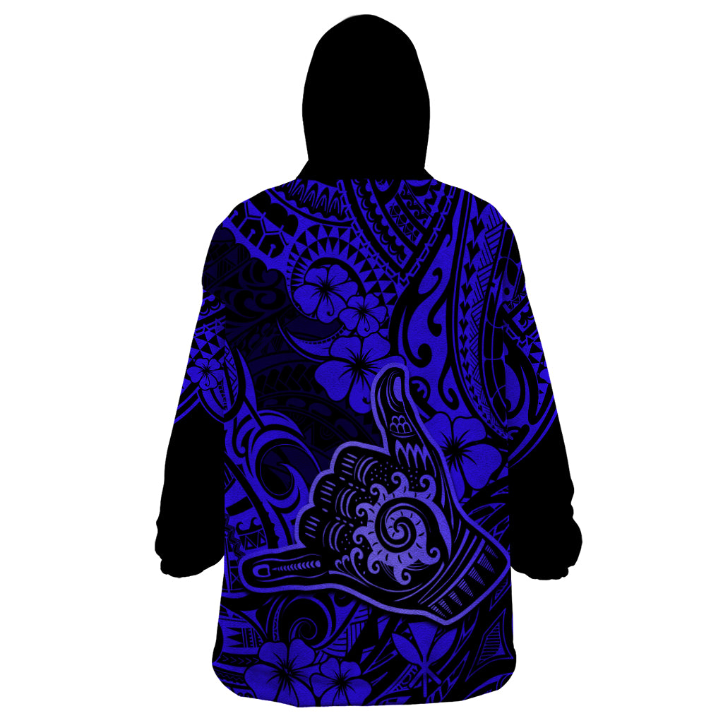 Hawaii Shaka Sign Wearable Blanket Hoodie With Polynesian Hibiscus Navy Blue Unique - Wonder Print Shop