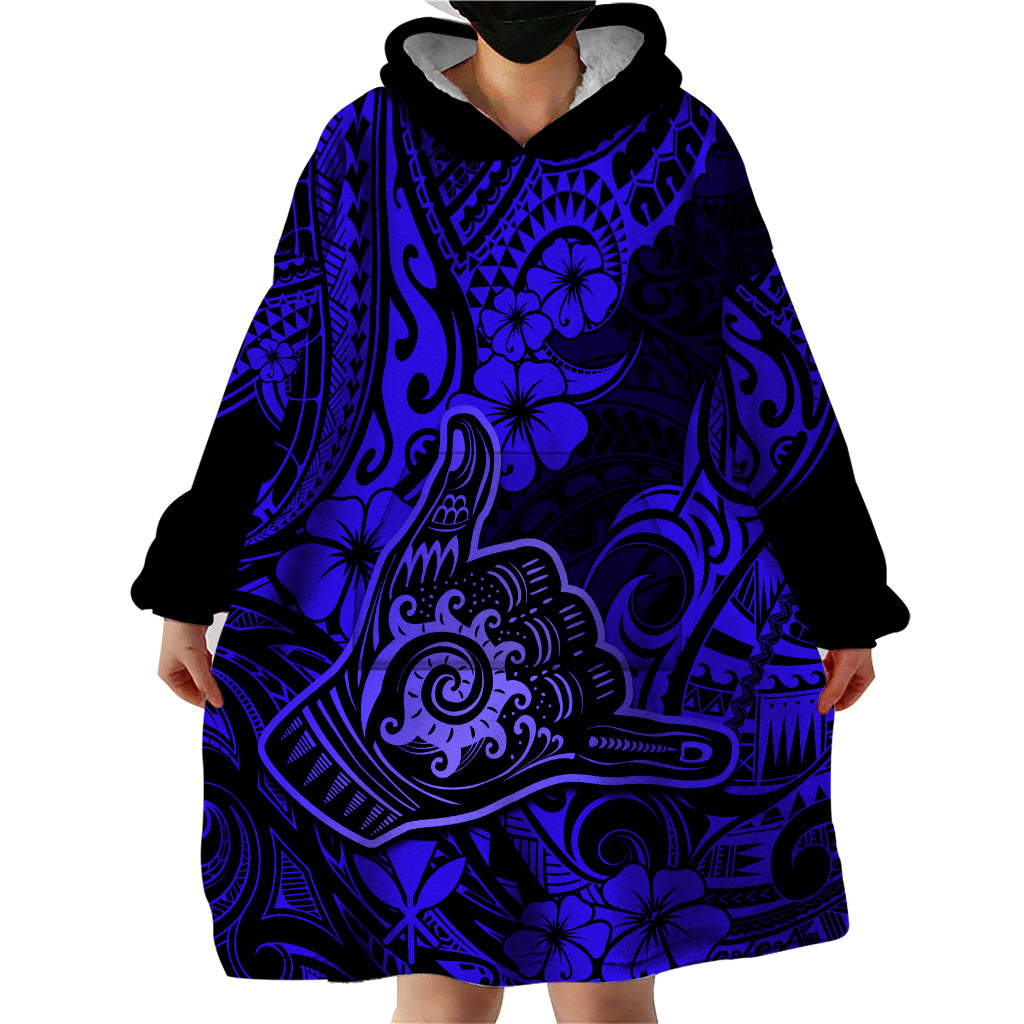 Hawaii Shaka Sign Wearable Blanket Hoodie With Polynesian Hibiscus Navy Blue Unique - Wonder Print Shop