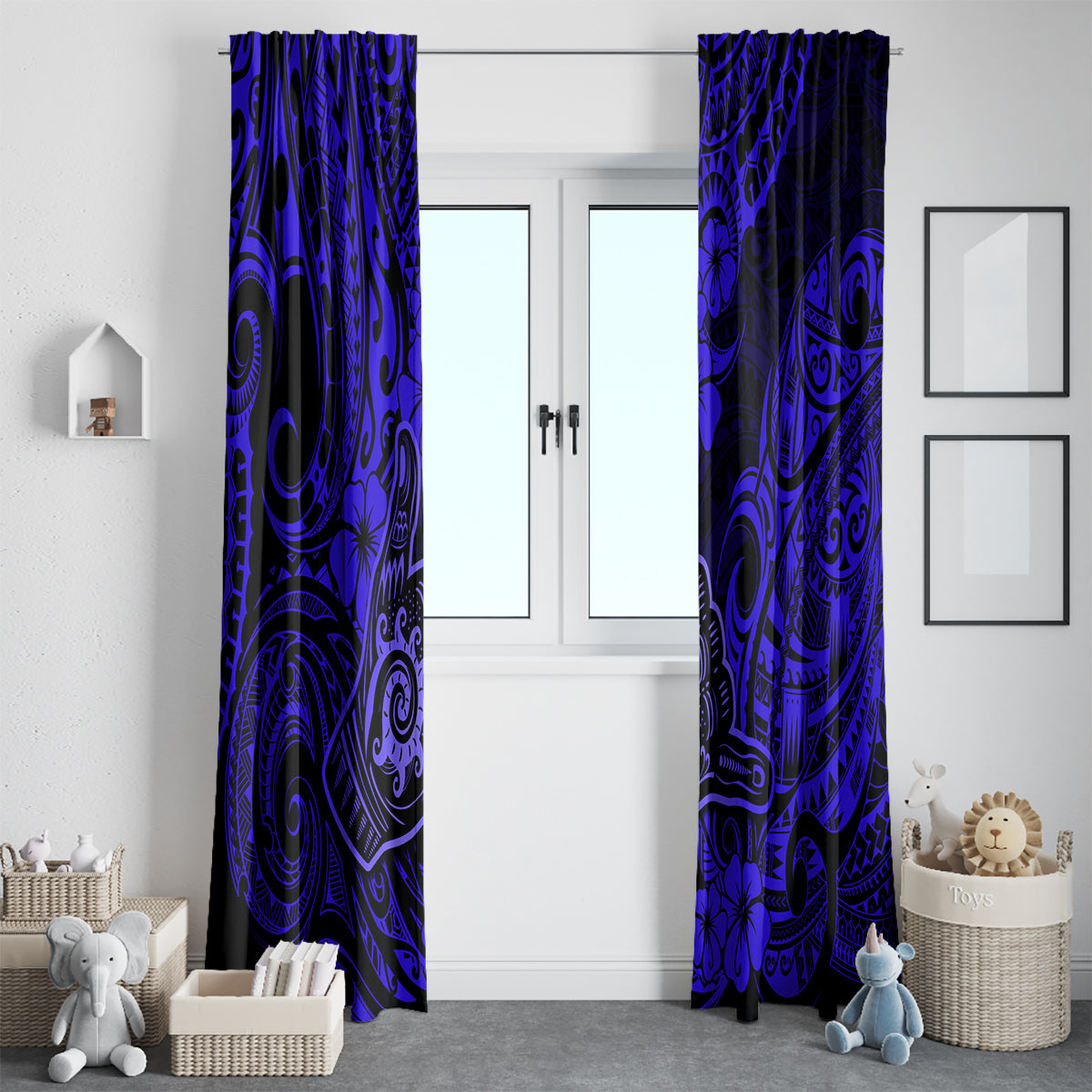 Hawaii Shaka Sign Window Curtain With Polynesian Hibiscus Navy Blue Unique - Wonder Print Shop