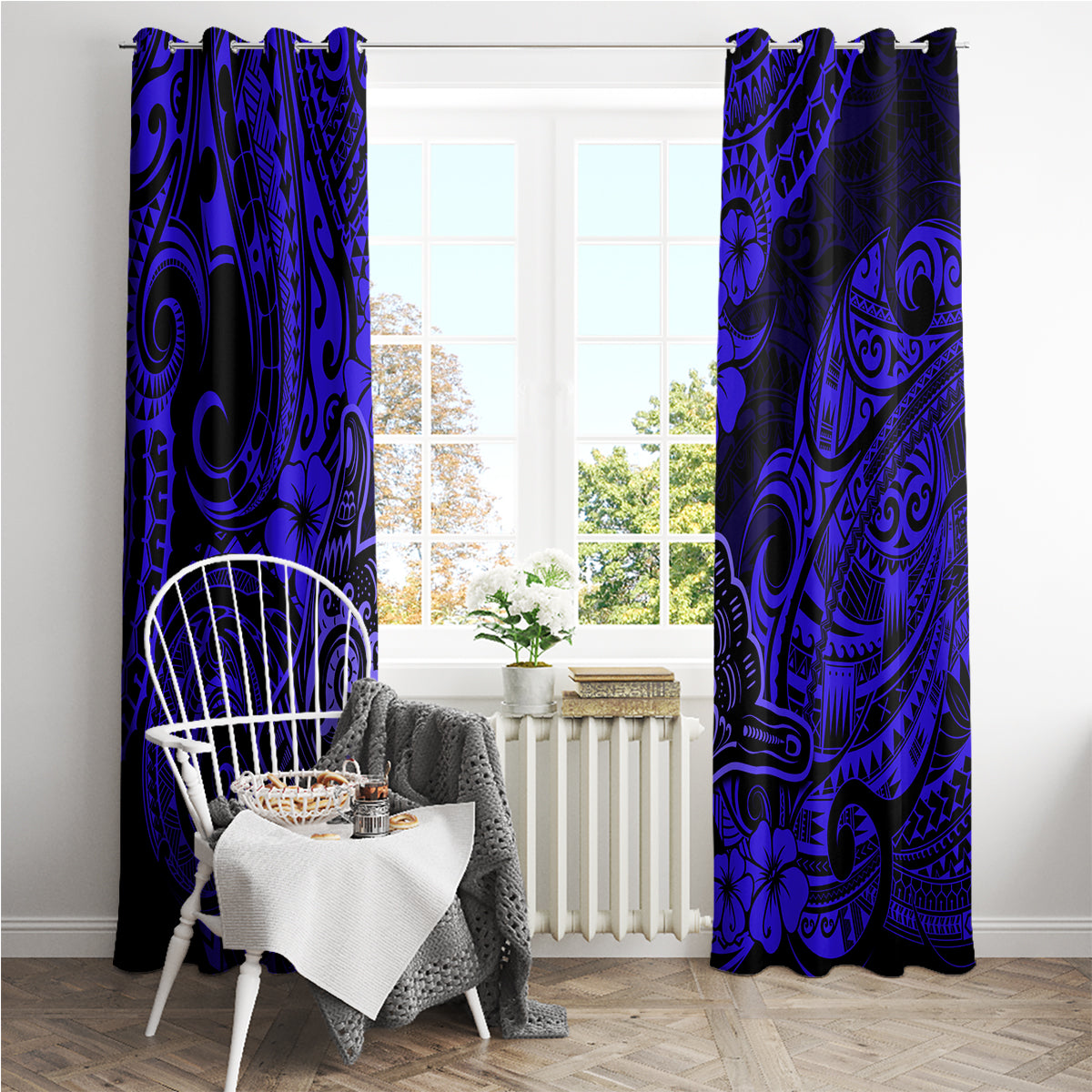 Hawaii Shaka Sign Window Curtain With Polynesian Hibiscus Navy Blue Unique - Wonder Print Shop