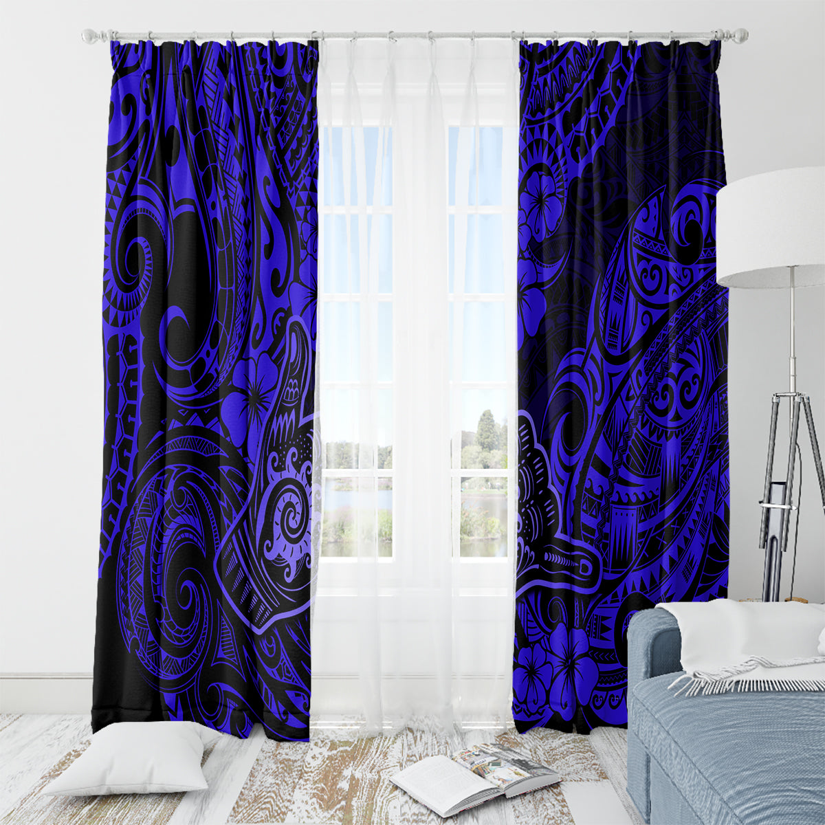 Hawaii Shaka Sign Window Curtain With Polynesian Hibiscus Navy Blue Unique - Wonder Print Shop