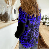 Hawaii Shaka Sign Women Casual Shirt With Polynesian Hibiscus Navy Blue Unique - Wonder Print Shop