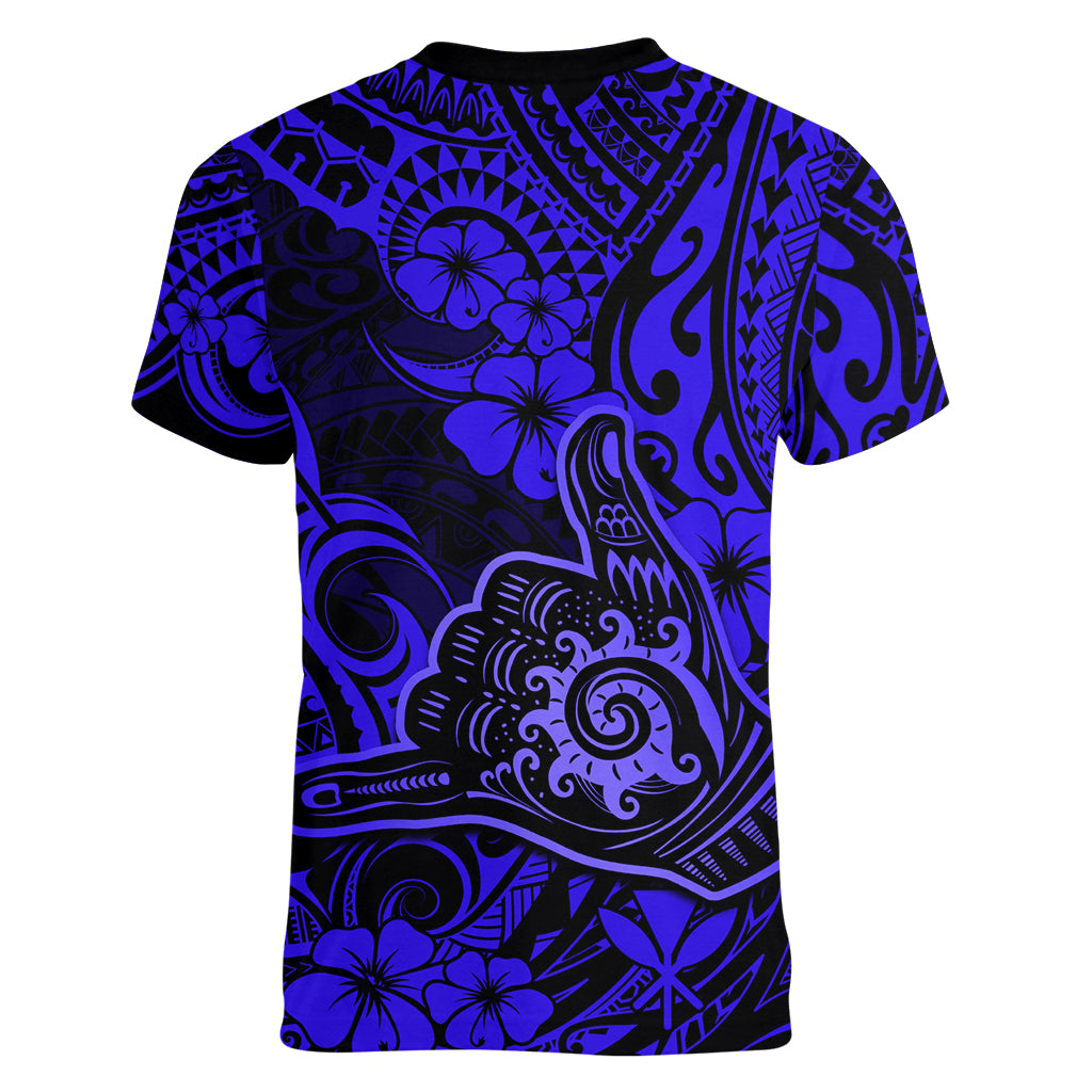 Hawaii Shaka Sign Women V Neck T Shirt With Polynesian Hibiscus Navy Blue Unique - Wonder Print Shop