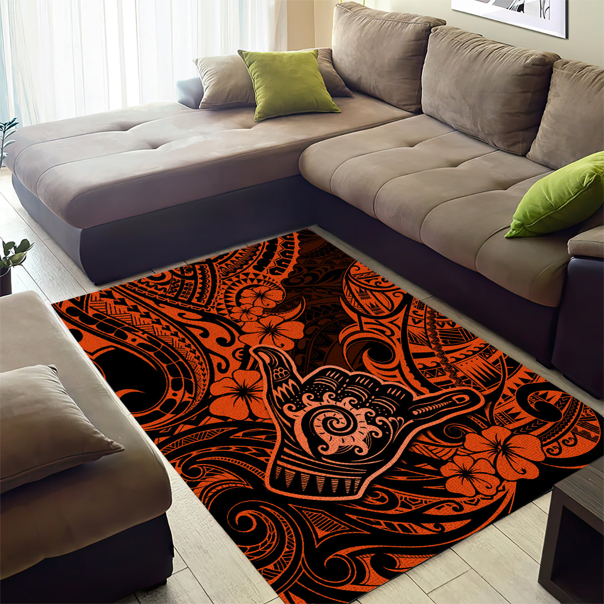 Hawaii Shaka Sign Area Rug With Polynesian Hibiscus Orange Unique - Wonder Print Shop