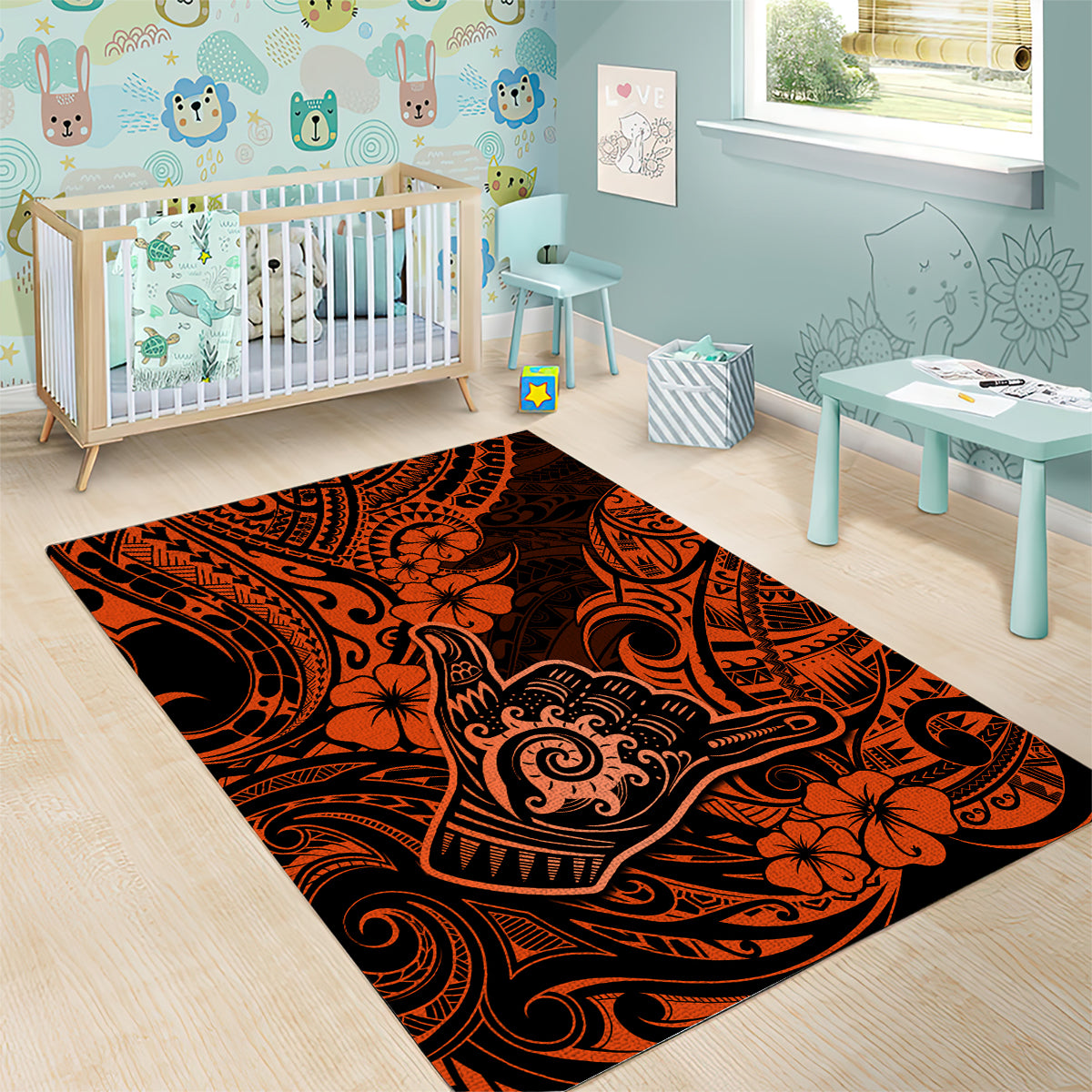 Hawaii Shaka Sign Area Rug With Polynesian Hibiscus Orange Unique - Wonder Print Shop