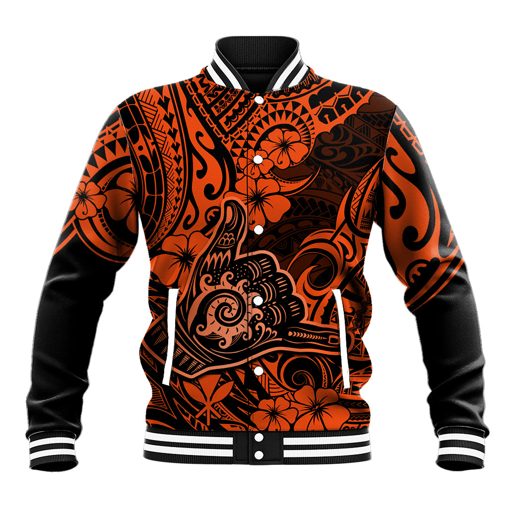 Hawaii Shaka Sign Baseball Jacket With Polynesian Hibiscus Orange Unique - Wonder Print Shop