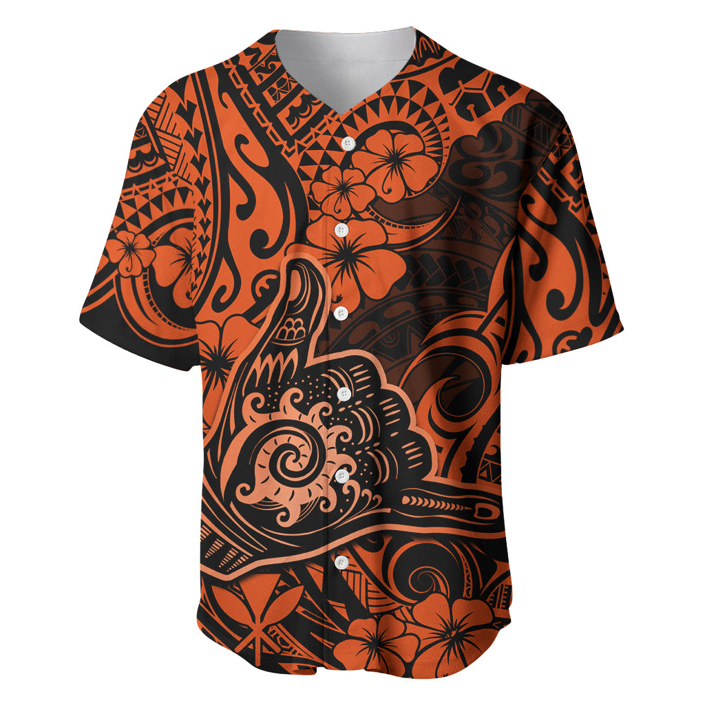 Hawaii Shaka Sign Baseball Jersey With Polynesian Hibiscus Orange Unique - Wonder Print Shop