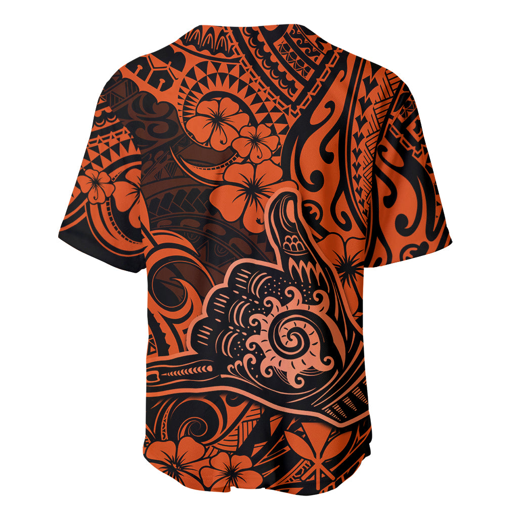 Hawaii Shaka Sign Baseball Jersey With Polynesian Hibiscus Orange Unique - Wonder Print Shop