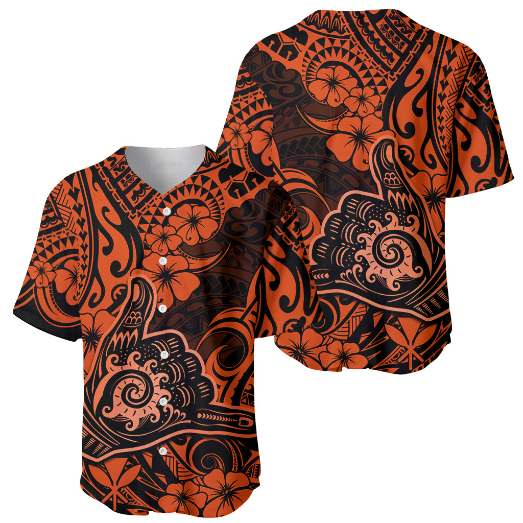 Hawaii Shaka Sign Baseball Jersey With Polynesian Hibiscus Orange Unique - Wonder Print Shop
