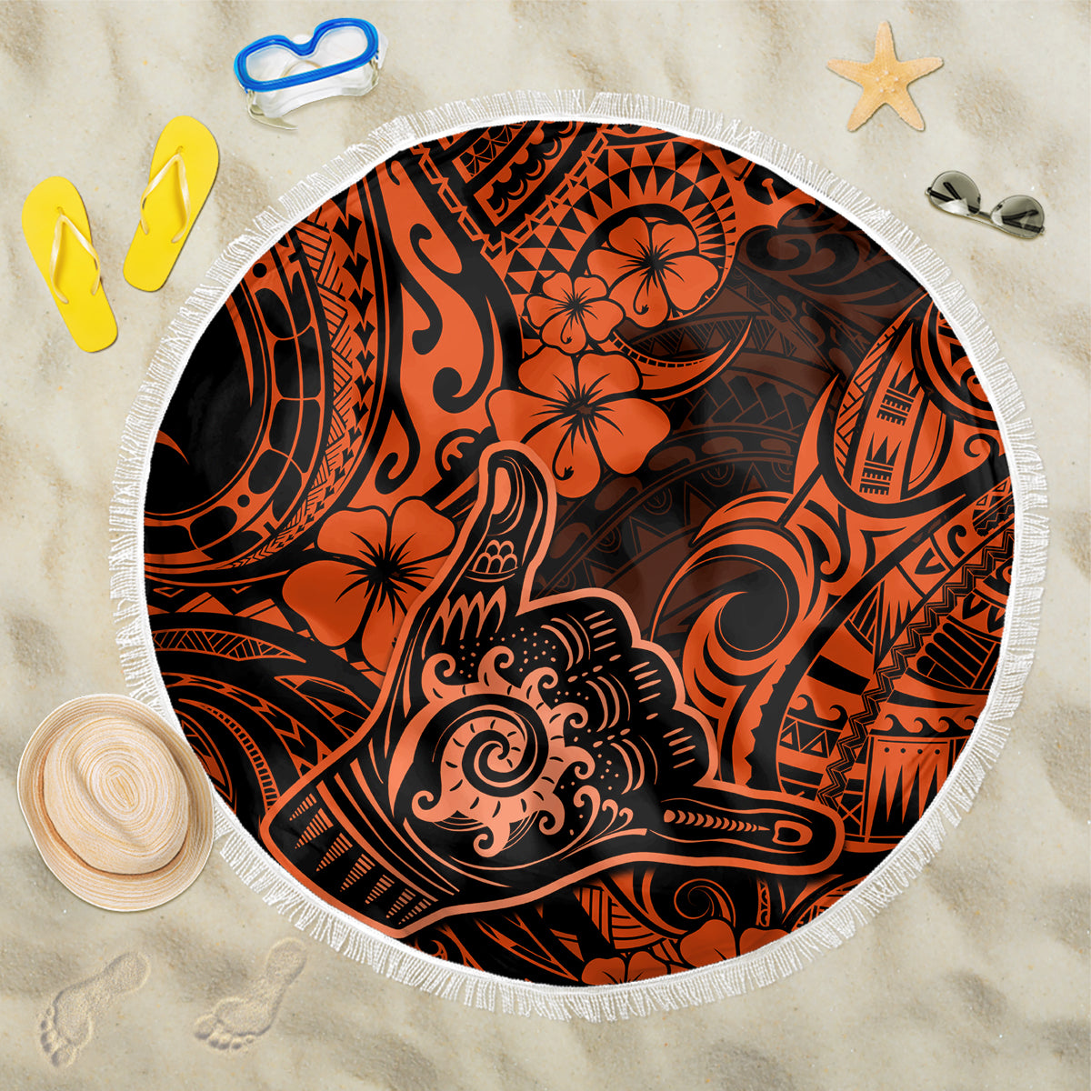 Hawaii Shaka Sign Beach Blanket With Polynesian Hibiscus Orange Unique - Wonder Print Shop