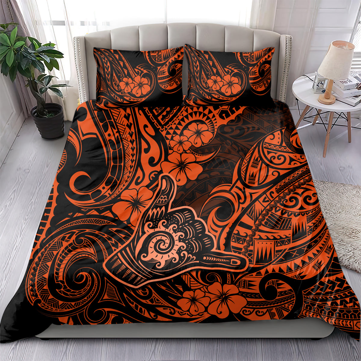 Hawaii Shaka Sign Bedding Set With Polynesian Hibiscus Orange Unique - Wonder Print Shop