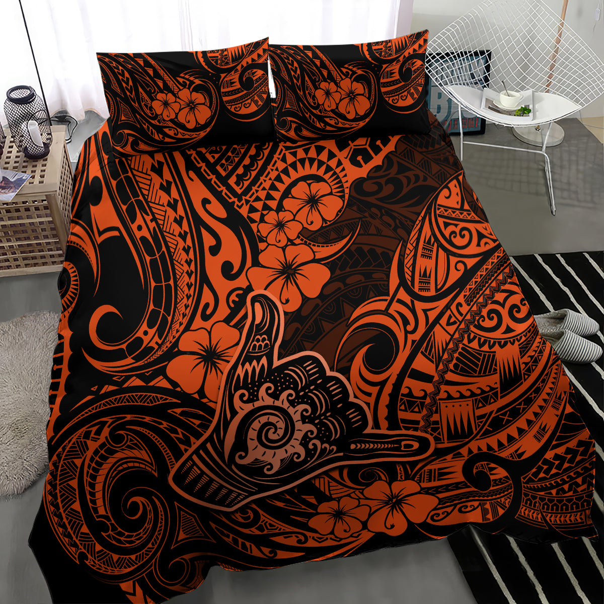 Hawaii Shaka Sign Bedding Set With Polynesian Hibiscus Orange Unique - Wonder Print Shop