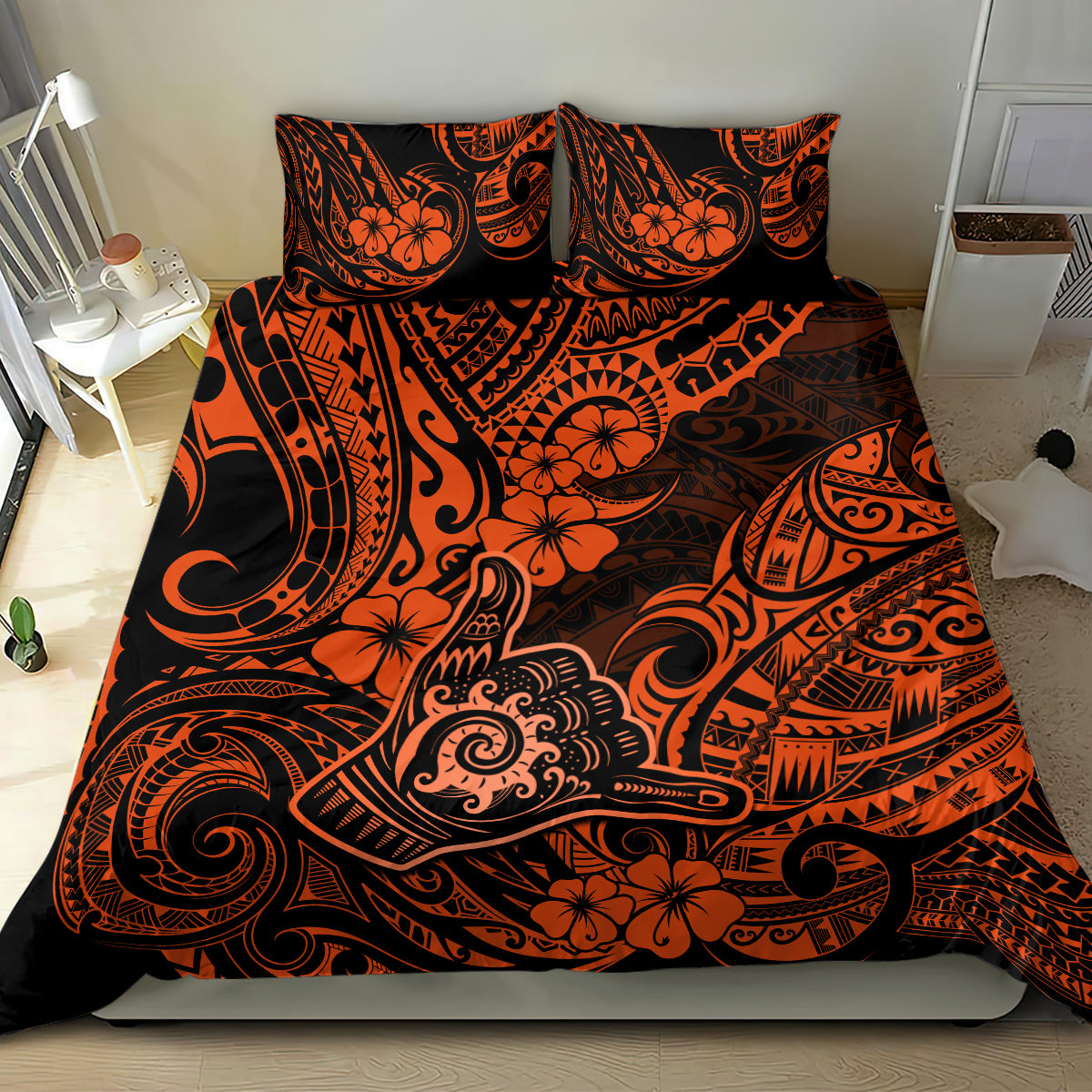 Hawaii Shaka Sign Bedding Set With Polynesian Hibiscus Orange Unique - Wonder Print Shop