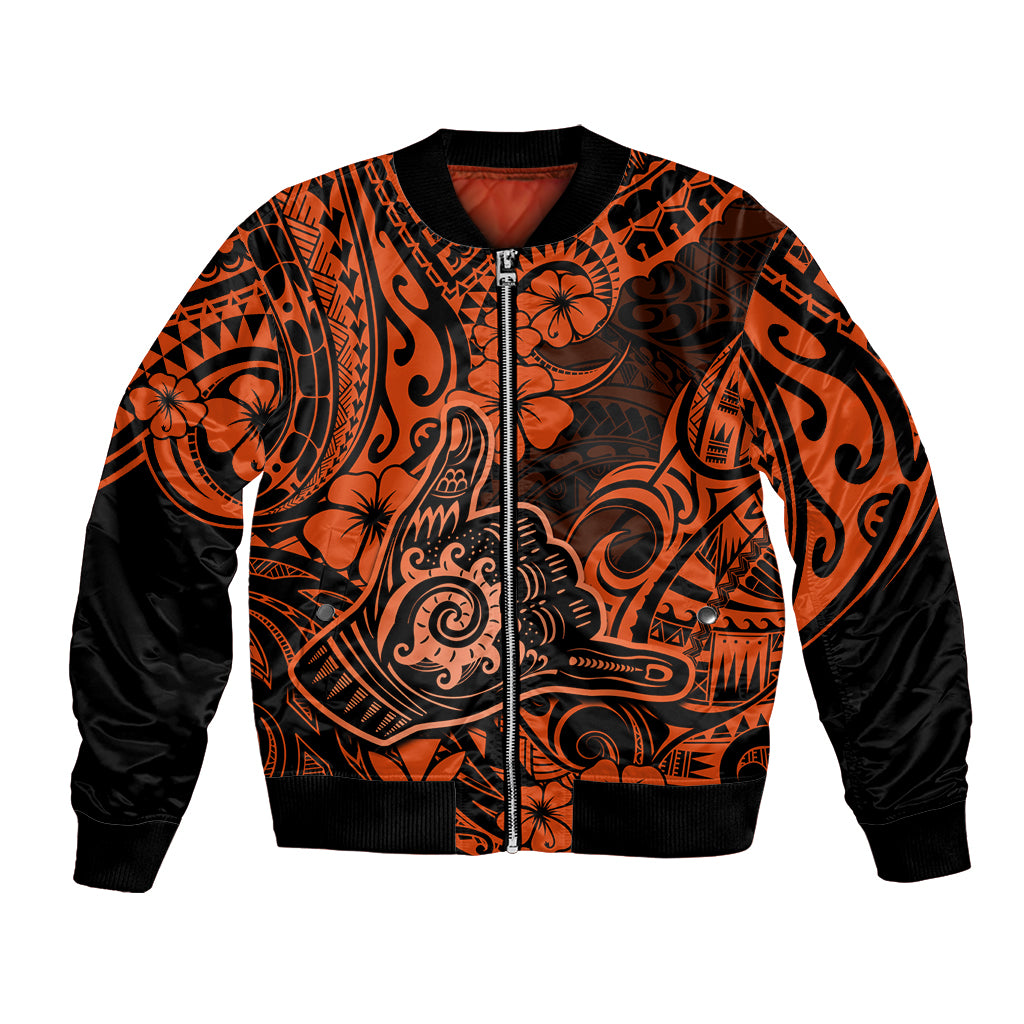 Hawaii Shaka Sign Bomber Jacket With Polynesian Hibiscus Orange Unique - Wonder Print Shop