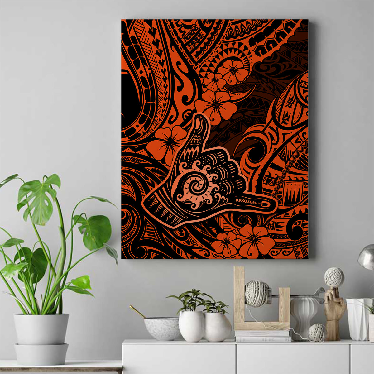 Hawaii Shaka Sign Canvas Wall Art With Polynesian Hibiscus Orange Unique - Wonder Print Shop