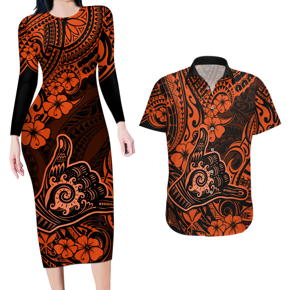 Hawaii Shaka Sign Couples Matching Long Sleeve Bodycon Dress and Hawaiian Shirt With Polynesian Hibiscus Orange Unique - Wonder Print Shop
