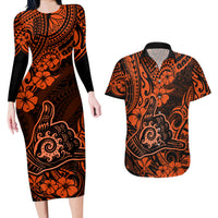 Hawaii Shaka Sign Couples Matching Long Sleeve Bodycon Dress and Hawaiian Shirt With Polynesian Hibiscus Orange Unique - Wonder Print Shop