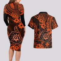 Hawaii Shaka Sign Couples Matching Long Sleeve Bodycon Dress and Hawaiian Shirt With Polynesian Hibiscus Orange Unique - Wonder Print Shop